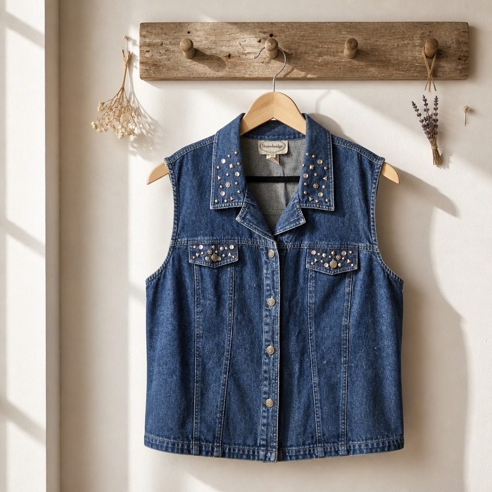 Vtg Stonebridge Studded Rhinestone Denim Vest Womens Plus 3XL Y2K Western Biker